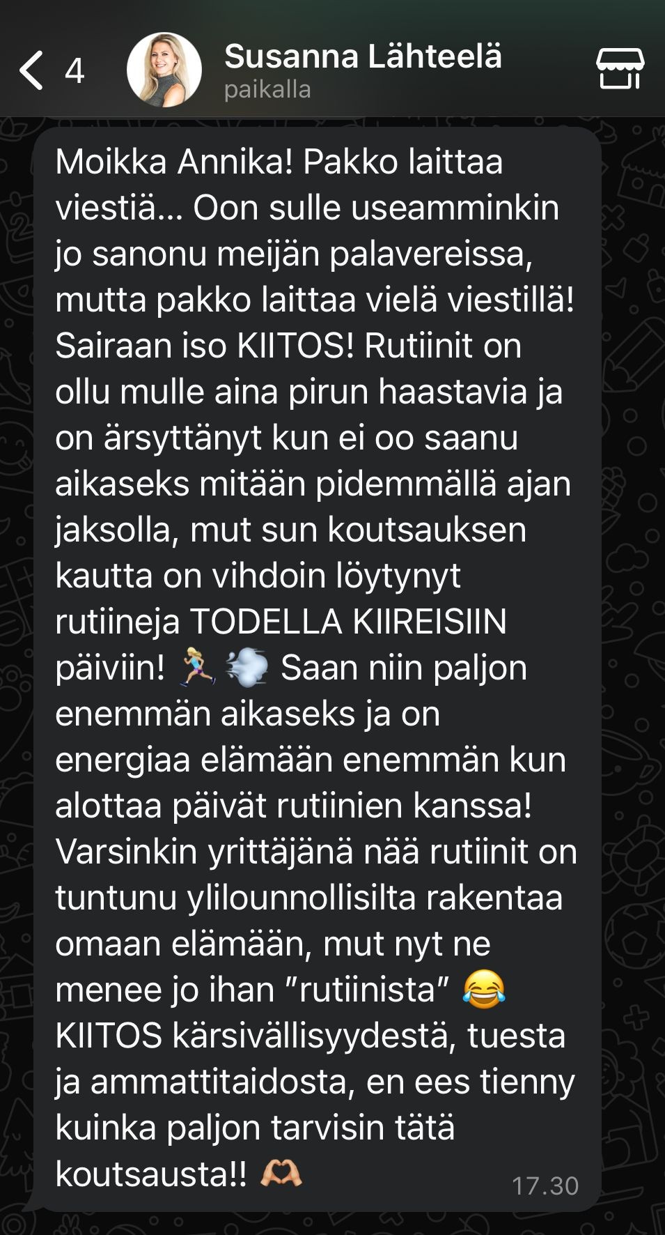Screenshot of a WhatsApp conversation expressing gratitude and discussing the impact of coaching on establishing routines.